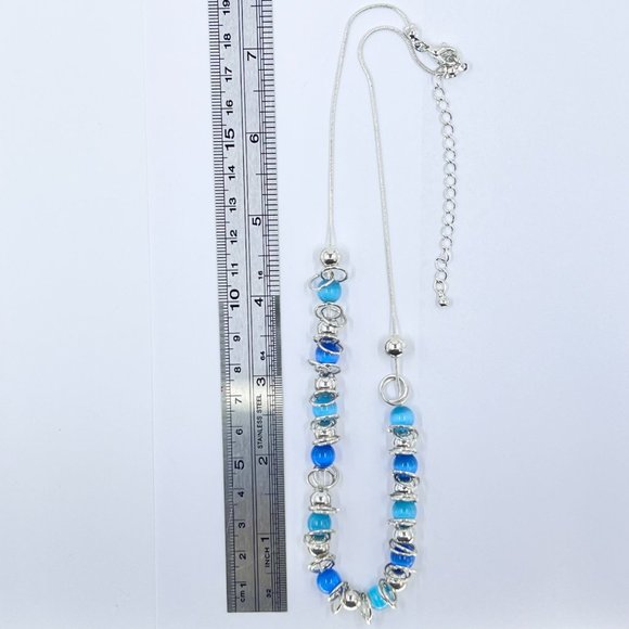NWOT - Blue & Turquoise Cats Eye Beaded Shiny Silver Tone 16” Necklace - Picture 6 of 6